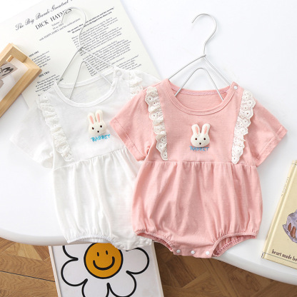 Newborn Baby Girl 95% Cotton Lace Lovely Embroidered Rabbit Button Bodysuit
