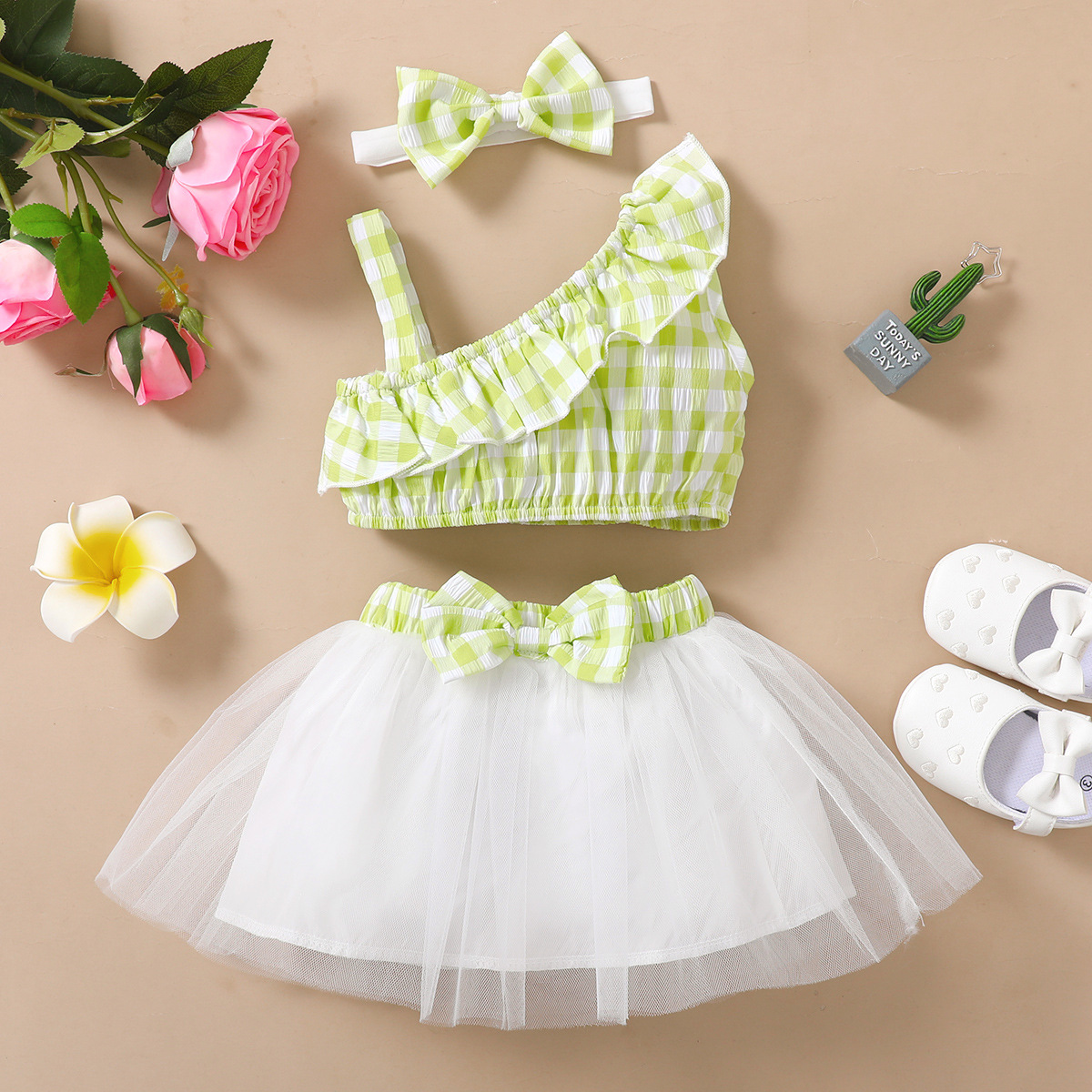  Baby Ruffle sleveless Top & Bow Mesh Flare Skirt Set