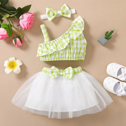  Baby Ruffle sleveless Top & Bow Mesh Flare Skirt Set