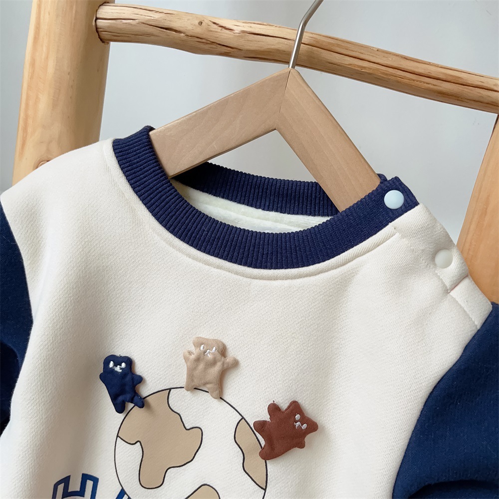 Baby Boy/Girl Three Bears On Earth Pattern Thicken Long Sleeve Romper and Hat Set-kissminis