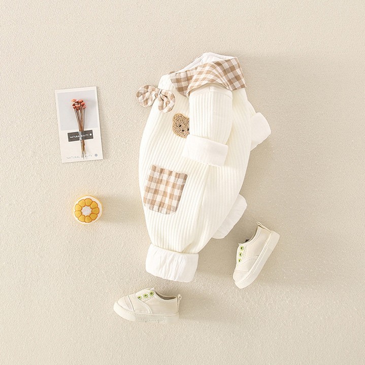 Baby Boy/Girl Embrioderied Bear Gingham Bowknot and Pocket Solid Color Long Sleeve Romper