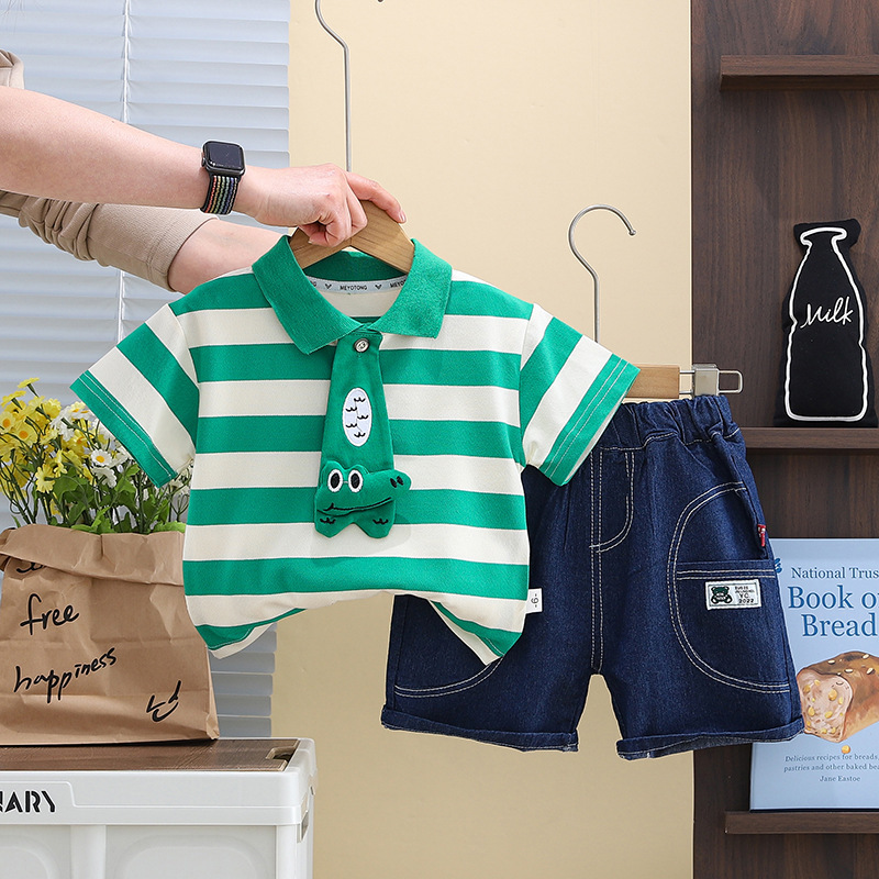 Striped Polo Shirts with Animal Motifs and Denim Shorts Sets