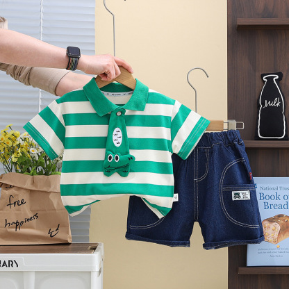 Striped Polo Shirts with Animal Motifs and Denim Shorts Sets