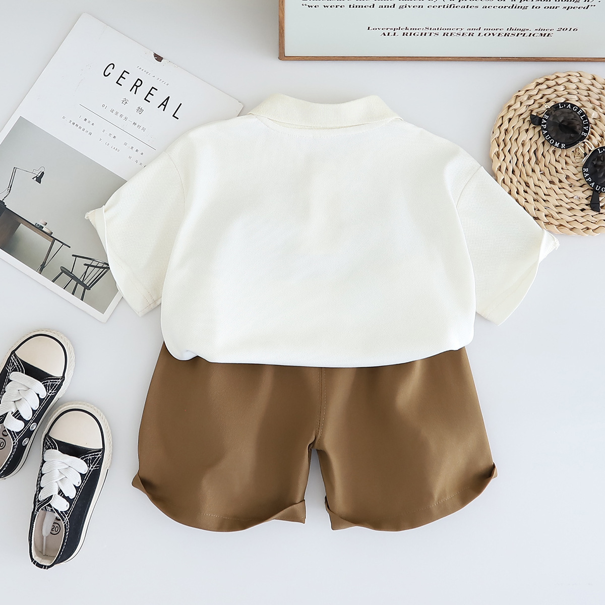 Polo Short-sleeve Shirt with Bear Motif Pocket and Beige Shorts Set