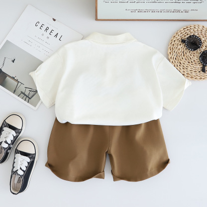 Polo Short-sleeve Shirt with Bear Motif Pocket and Beige Shorts Set