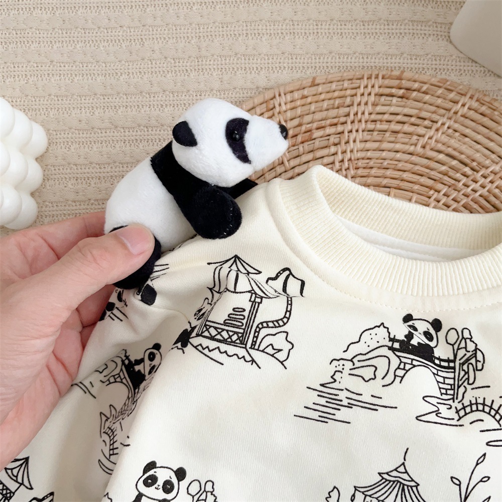 Baby Boy/Girl Panda Doll and Print Long Sleeve Sweatshirt with Pants Set-kissminis