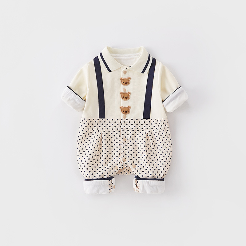Mock Two-pieces Baby Boy Bear and Dot Graphic Long Sleeve Romper-kissminis
