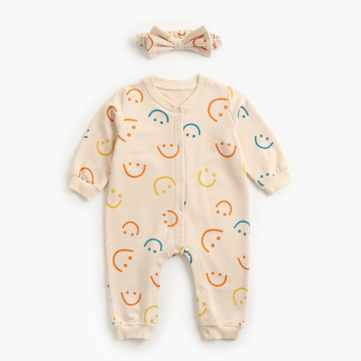 Baby Girl Allover Smile Face Pattern Single Breasted Long Sleeve Romper-kissminis