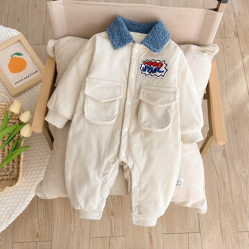Baby Boy Workwear Style Cute Solar and Letters Pattern Winter Thicken Long Sleeve Romper-kissminis