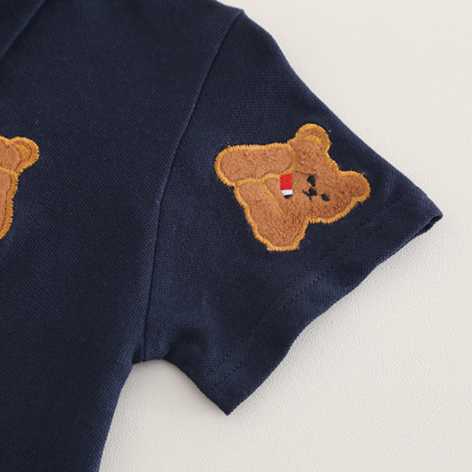 2pcs Bear Embroidery and Tie Detail Denim Shorts Set