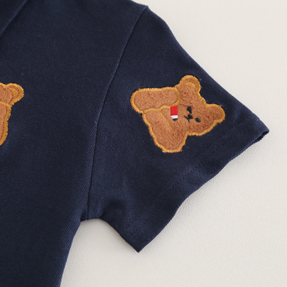 2pcs Bear Embroidery and Tie Detail Denim Shorts Set