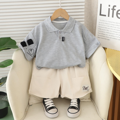 Polo Short-sleeve Shirt with Bear Motif Pocket and Beige Shorts Set