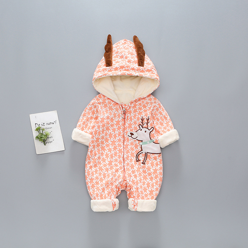 Baby Boy/Girl Allover Star and Elk Pattern Cotton Hooded Romper-kissminis