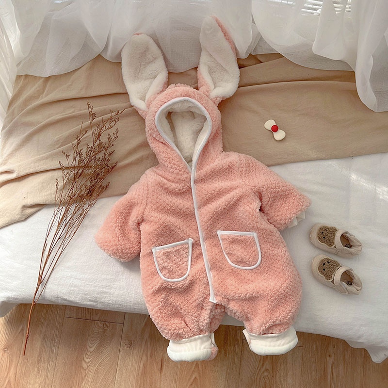 Baby Boy/Girl Solid Color Cute Rabbit Plush Long Sleeves Hooded Romper-kissminis