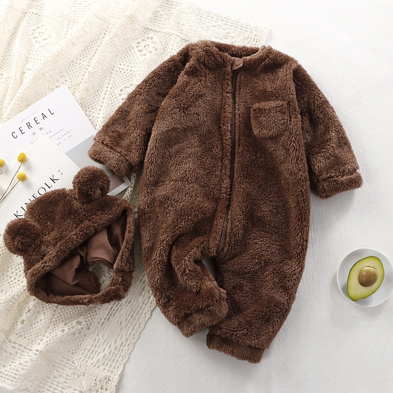 Baby Boy/Girl Solid Color Fluff Long Sleeve Romper and Cute Bear Ears Design Hat Set-kissminis