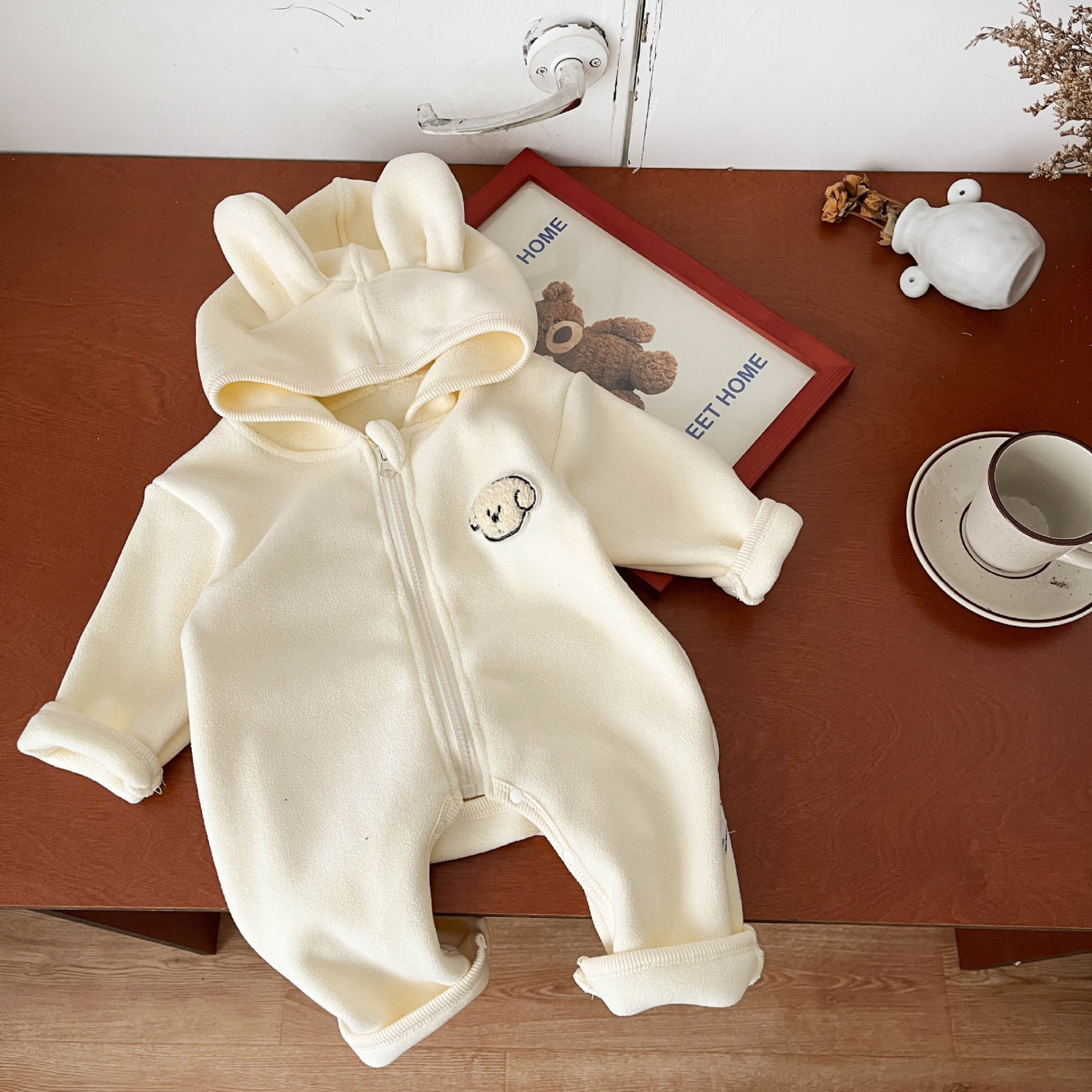 Baby Boy/Girl Cute Puppy Pattern Solid Color Fleece Long Sleeve Hooded Romper-kissminis