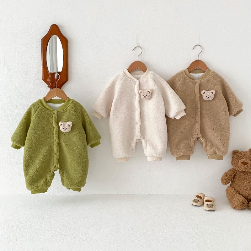 Winter FleeceBaby Boy/Girl Bear Design Solid Color Long Sleeve Romper-kissminis