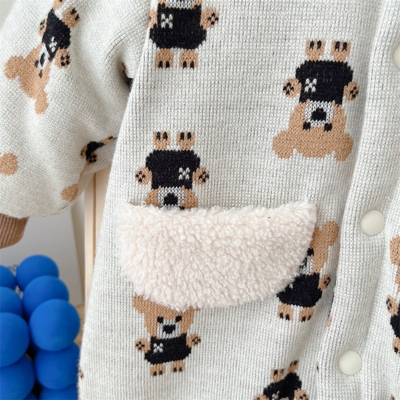 Baby Boy/Girl Winter Polo Collar Allover Bear Print Long Sleeve Fluff Romper-kissminis