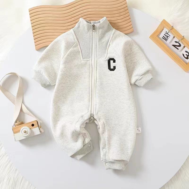 Baby Boy/Girl Solid Color Stand Collar "C" Print Long Sleeve Romper-kissminis