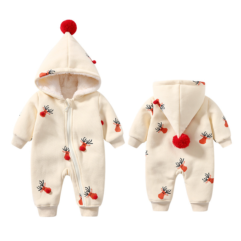 Baby Boy/Girl Christmas Style Allover Elk Pattern Long Sleeve Hooded Romper-kissminis