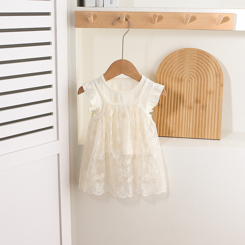 3pcs White Lace - detailed Sleeveless Top and Blue Denim Shorts Set