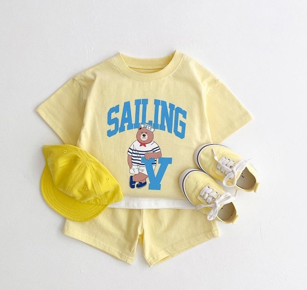 2pcs Baby Toddler Boy/Girl Lazy Bear Print Short Sleeve T-shirt and Shorts Set