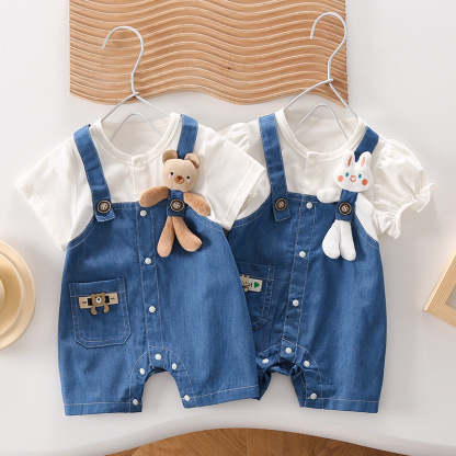 Newborn Baby Ruffle Sleeve Breathable Denim Animal Doll Romper