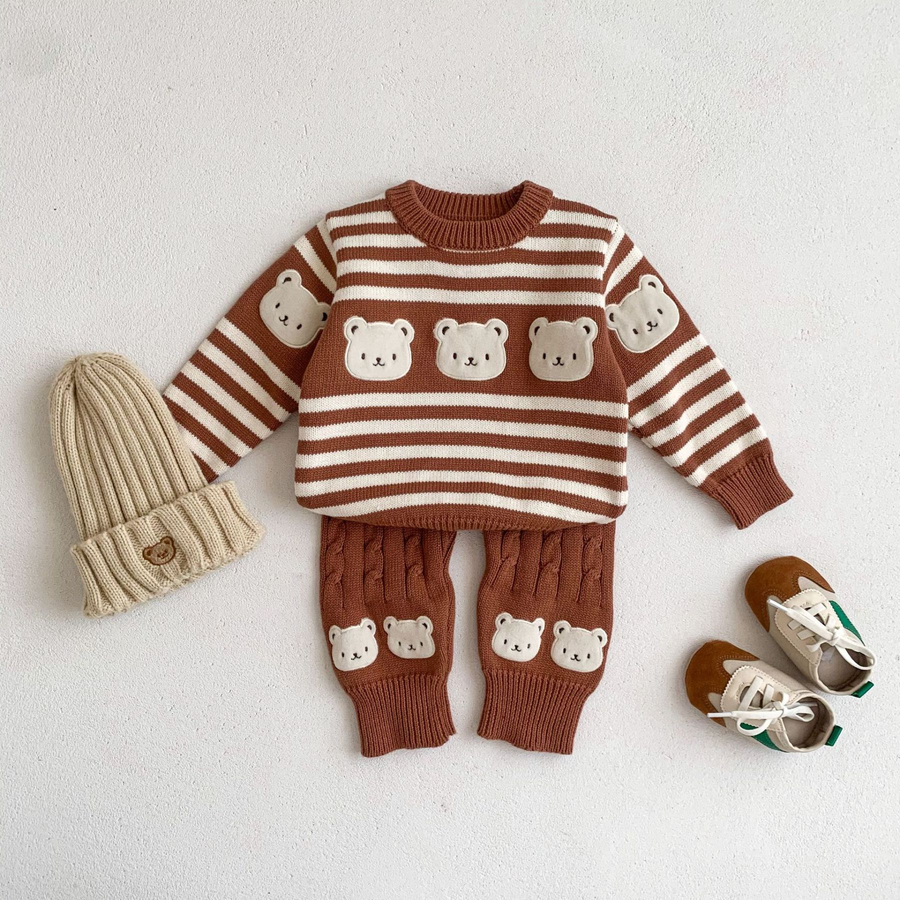 Baby Boy/Girl Cute Cartoon Bear Knitted Solid Color Long Sleeve Sweaters and Pants-kissminis