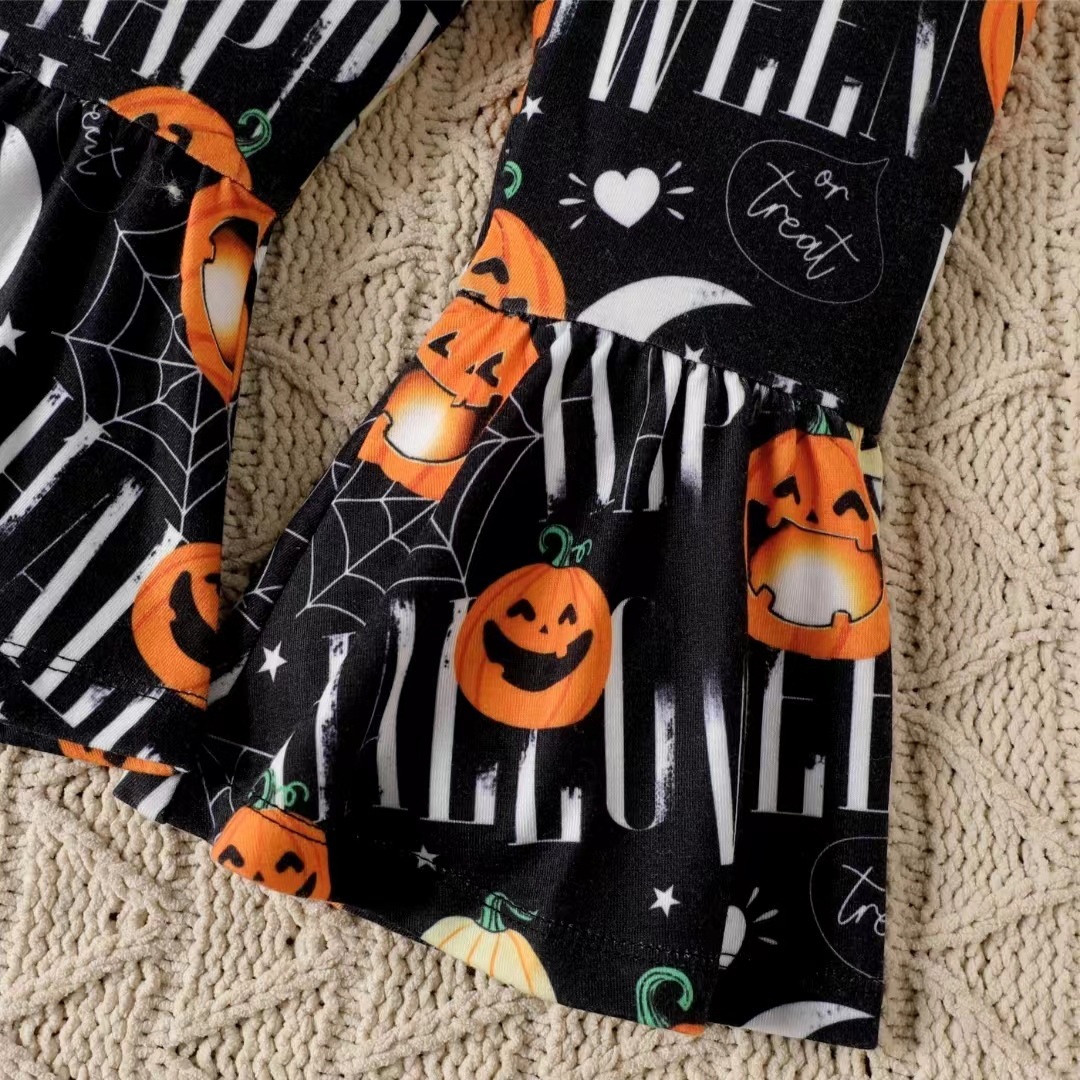 2pcs Baby Girl Hallowen Pumpkin Print Bowknot Long Sleeve Tops and Bell Bottoms Set-kissminis
