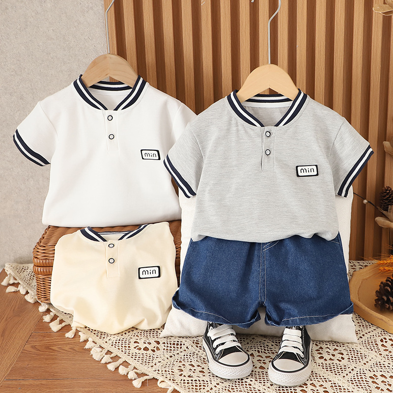 Henley Style Short Sleeve Shirt with Trim Detail and Denim Shorts Set