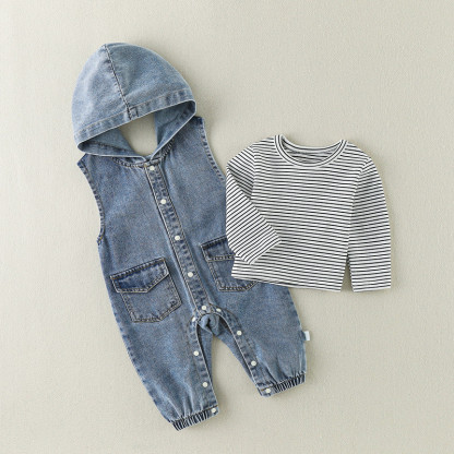 2pcs Baby Boy Sleeveless Hooded Denim Romper & Stripe T-shirt Set