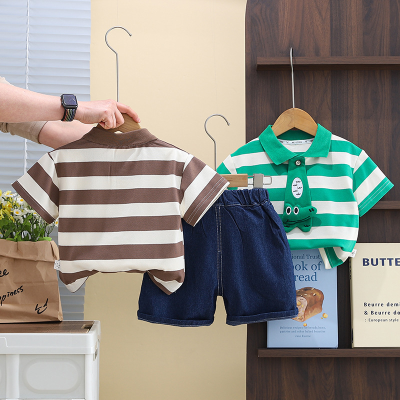Striped Polo Shirts with Animal Motifs and Denim Shorts Sets