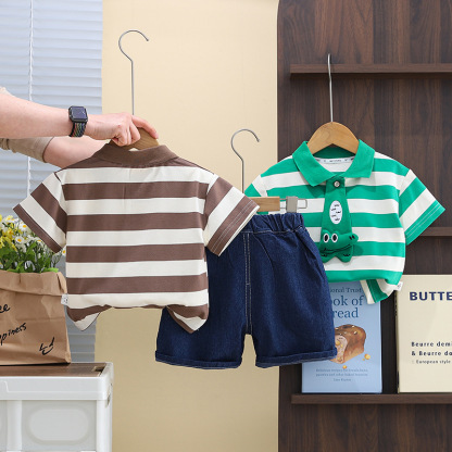 Striped Polo Shirts with Animal Motifs and Denim Shorts Sets