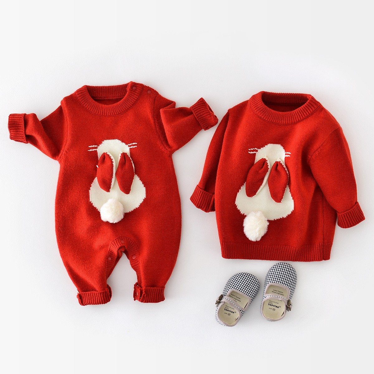 Baby Girl Red 3D Rabbit Design Long Sleeve Knitted Romper-kissminis