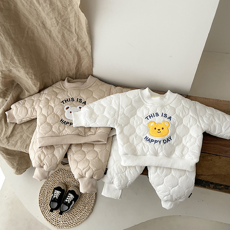 2pcs Toddler Boy/Girl Cute Bear and Letters Print Solid Color Long Sleeve Sweatshirt and Pants Set-kissminis