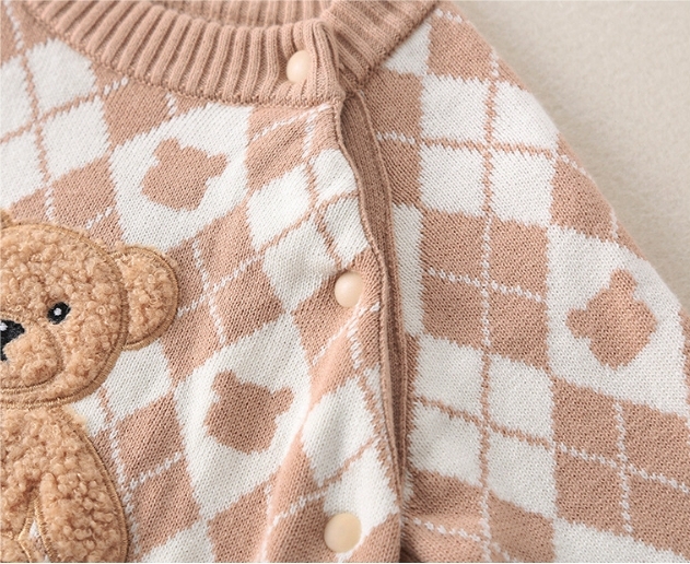 Baby Boy/Girl Cotton Bear Graphic Plaid Knitted Romper-kissminis