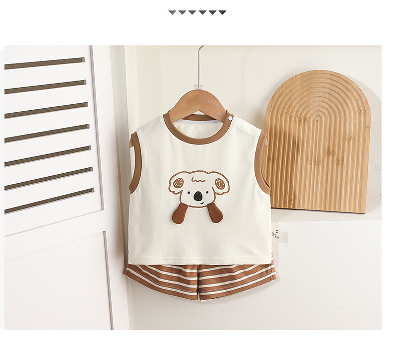 Sleeveless White Top with Koala Print and Brown Striped Shorts Set