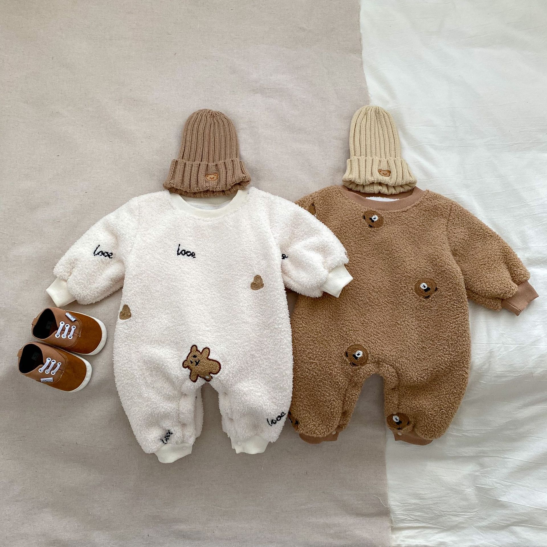 Baby Winter Fleece Solid Color Bear Pattern Romper-kissminis