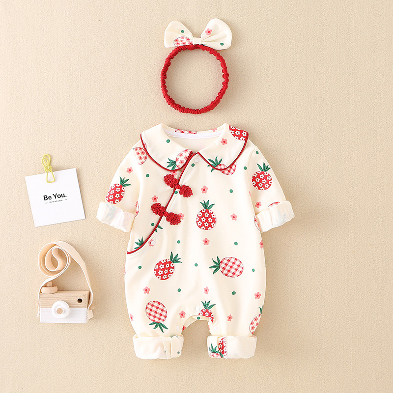 2pcs Baby Girl Allover Red Pineapple Print Plate Buckle Ruffle Flounce Casual Romper with Hairband Set