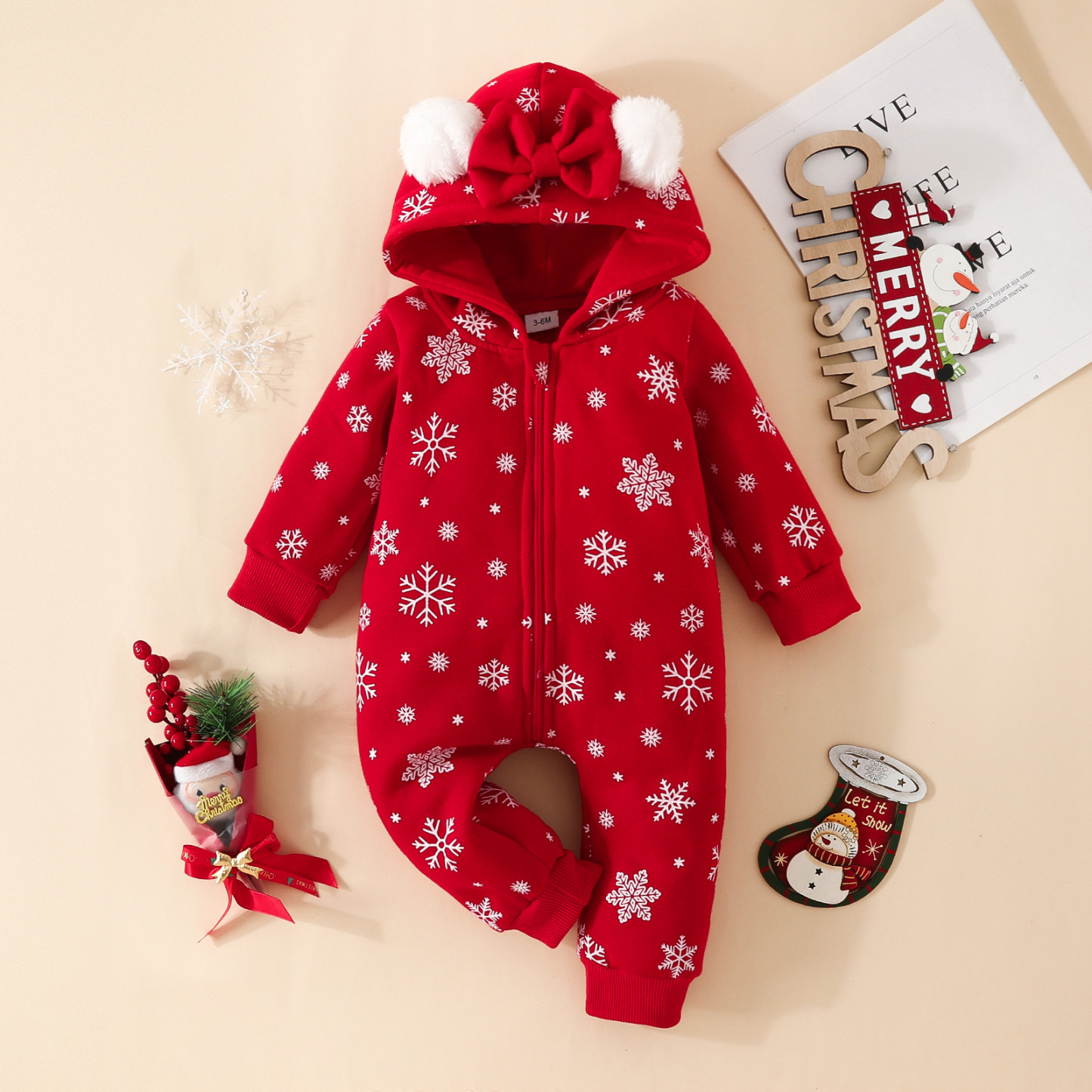 Newborn Baby Girl Christmas Bowknot Ear Design Long Sleeve Hooded Romper-kissminis