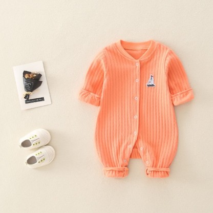 Newborn Baby Boy/Girl Ribbed Sailboat Patch Solid Color Botton Up Long Sleeve Romper