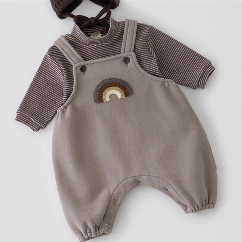 2pcs Baby Boy/Girl Rainbow Suspender Long Sleeve Romper and T-shirt Set-kissminis