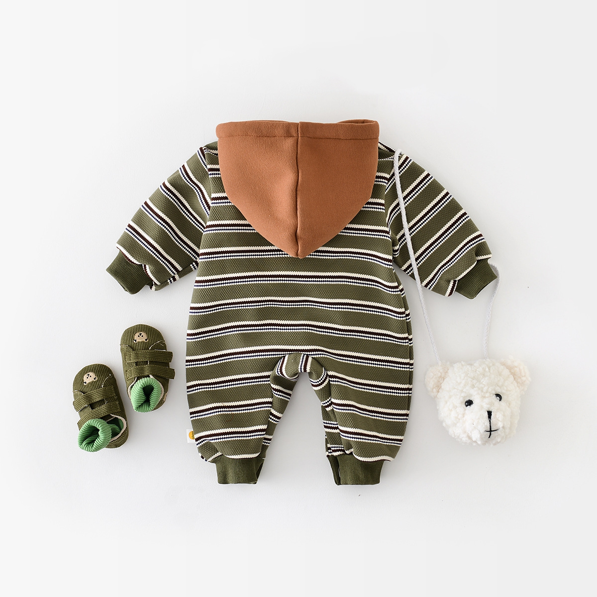 Winter Baby Boy/Girl Smiling Face Stripe Graphic Long Sleeve Hooded Romper-kissminis