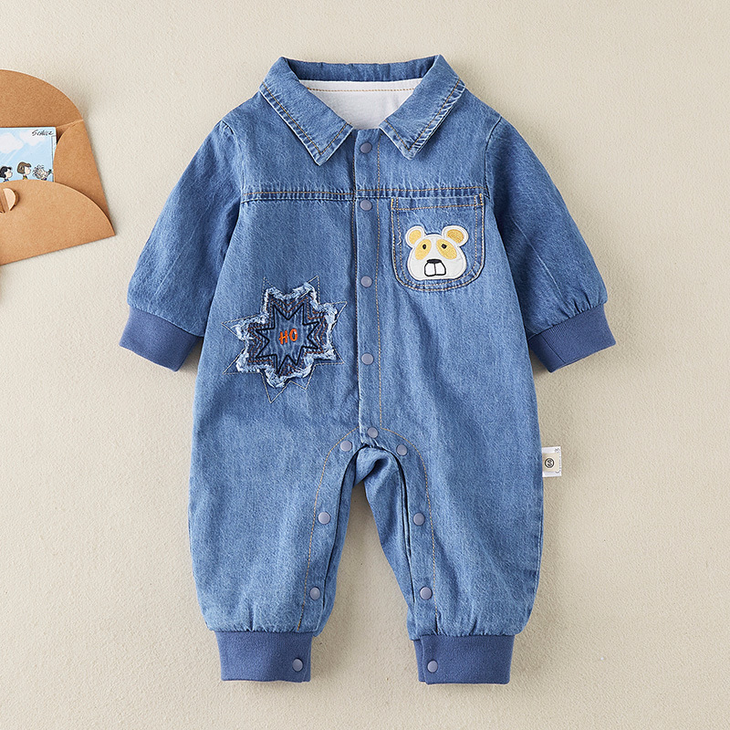 Baby Bear Graphic Denim Polo Collar Romper-kissminis
