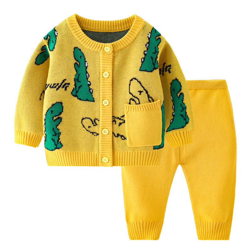 Baby Boy/Girl Ribbed Knit Dinosaur Cardigan Sweatshirt with Pants Set-kissminis