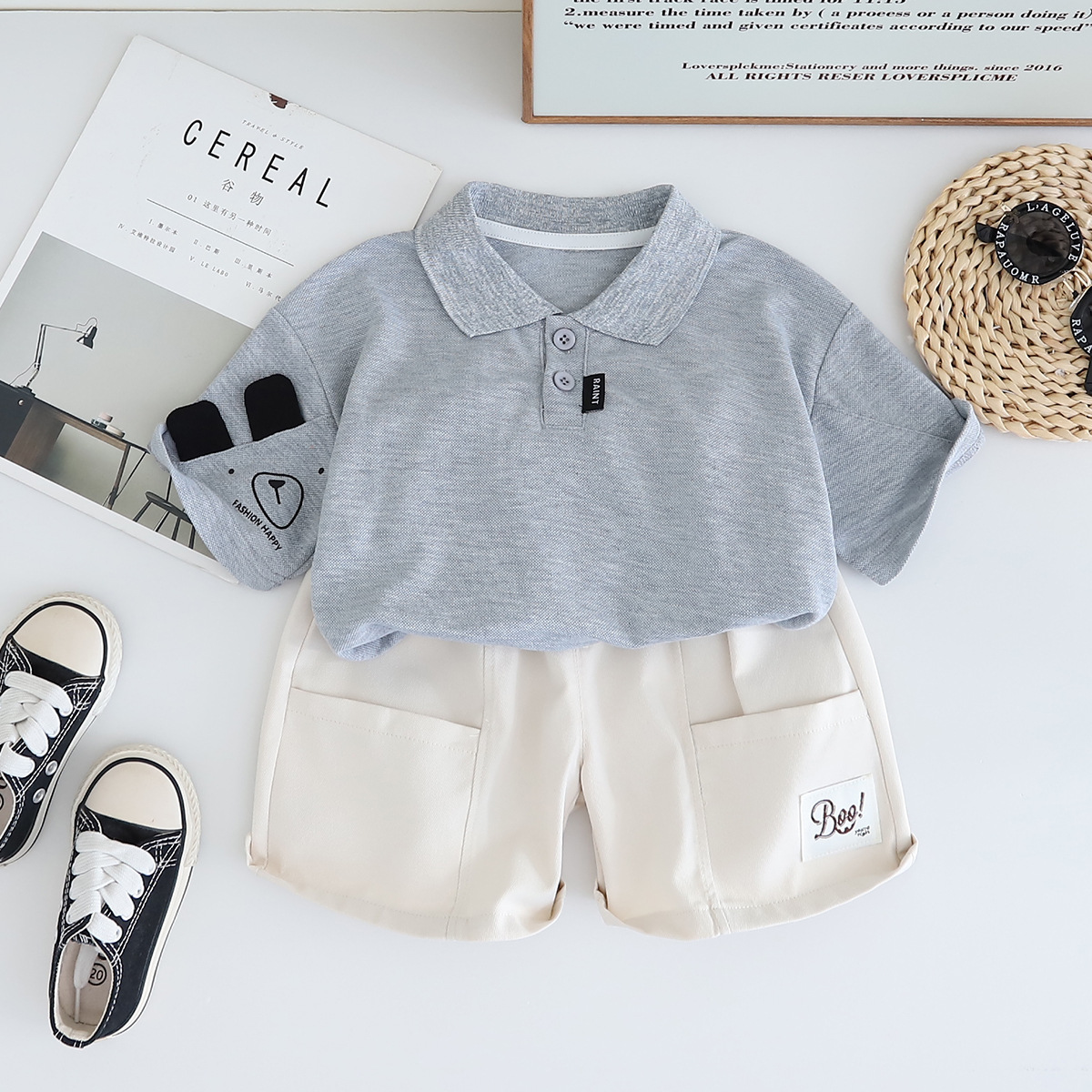 Polo Short-sleeve Shirt with Bear Motif Pocket and Beige Shorts Set