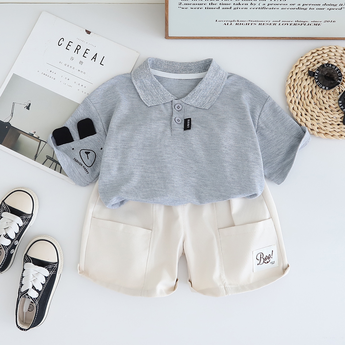Polo Short-sleeve Shirt with Bear Motif Pocket and Beige Shorts Set