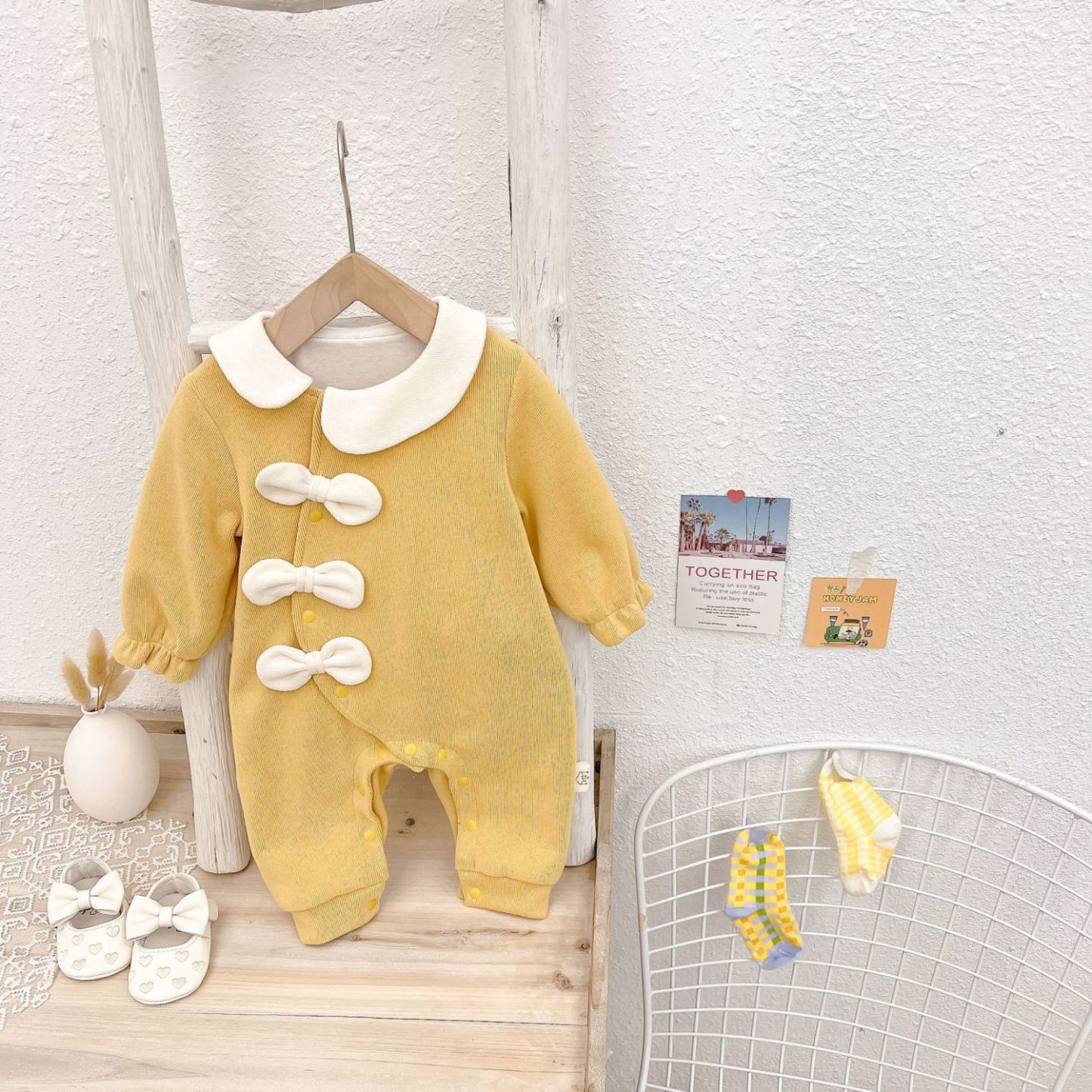 Baby Girl Bow Tie with Lapel Collar Long Sleeve Romper with Hat-kissminis