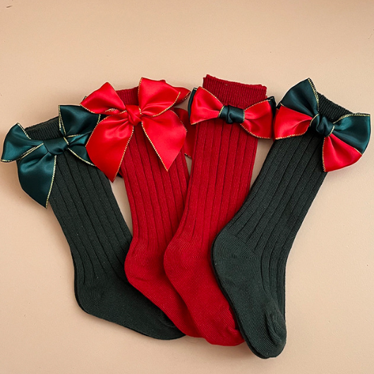 Baby Toddler Girl Christmas Style Solid Color Satin Bow Stocking-kissminis