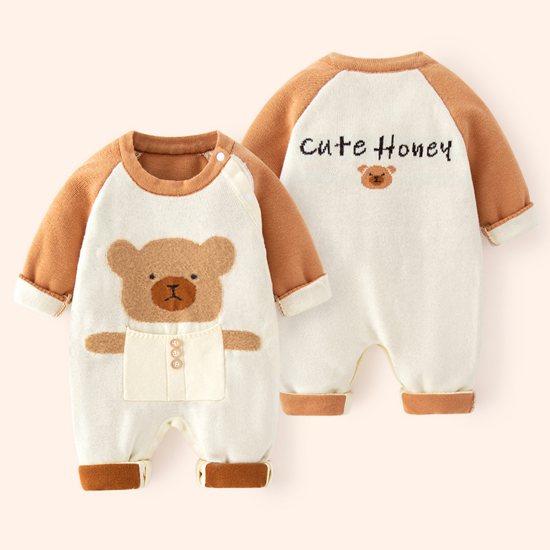 Baby Boy Cute Pocket Bear Design Knitted Long Sleeve Romper-kissminis